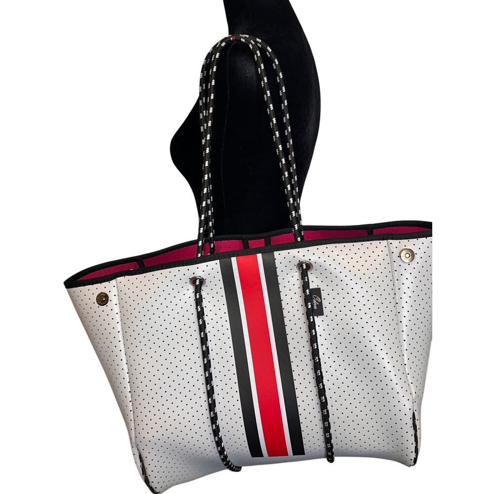 Colina Perforated Neoprene Tote Bag Racing Stripe White Athleisure